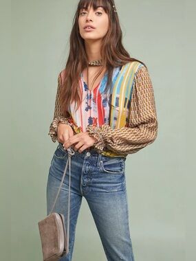 Anthropologie Conditions Apply Retro Peasant Blouse XS Mixed Media Viscose Artsy